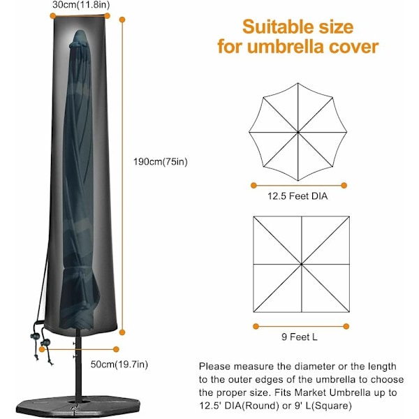 Puutarhavarjon suojus halkaisijalle 2m 4m, Suuri vedenpitävä terassi pöytävarjon suojus, 420D Oxford auringonsuojain 9-11ft, H190 x 30/50cm