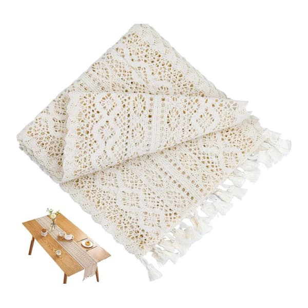 Beige Makramé Bordslöpare Rektangulär Virkad Spets Elegant Ihålig Nätduk för Rustik Bohémisk Bröllopsdekor Brud- och Babyshowerdekor Ta