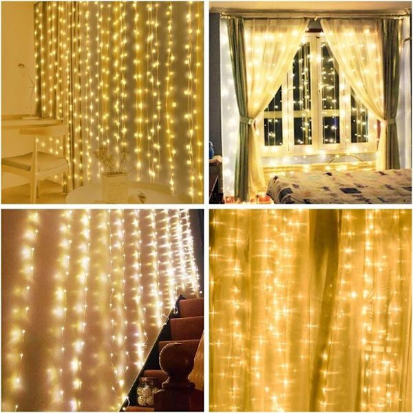 Gardinslynge med lys, 200 LED lysgardin 3m2m, lav spænding 5V, 8 lystilstande vandtæt IP67 udendørs og indendørs, dekoration til jul, bryllup