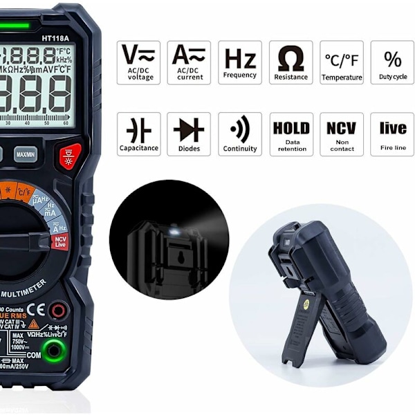 TRMS 6000 Punkters Automatisk Digital Multimeter (LED-terminalguide), Professionell Elektrisk Testare, Temperaturkapacitansmätare Spänning/Ström AC