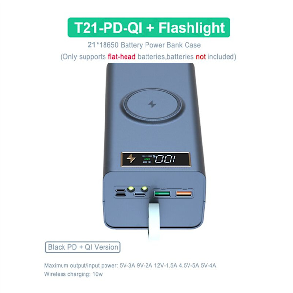 21X18650 Batterilagringsbox LED-ljus PD QC3.0 Laddning 18650 Batteri Power Bank Case Shell 15W Laddning A
