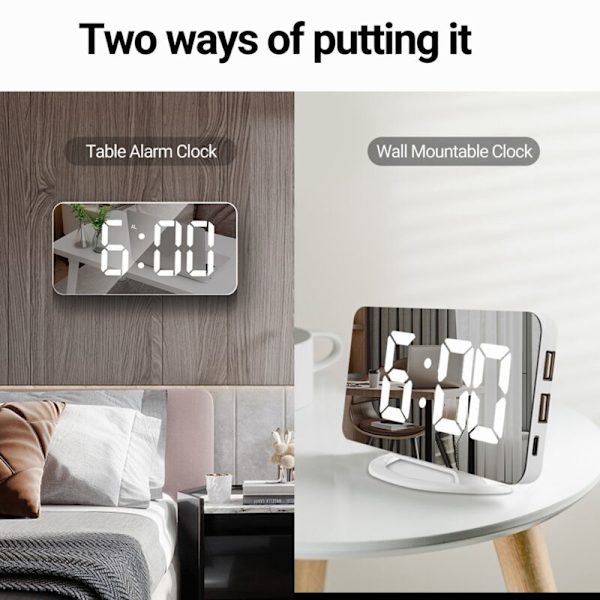 Digital väckarklocka 7 tum LED-spegel elektroniska klockor med touch snooze dubbla USB-laddning skrivbord moderna klockor