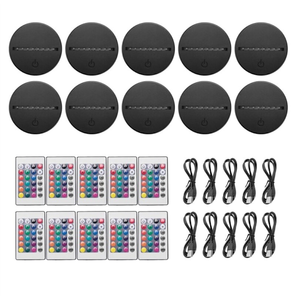 10-pack 3D LED-nattljusbas + fjärrkontroll + USB-kabel, 16 färger ljusshow-display för svart akryl