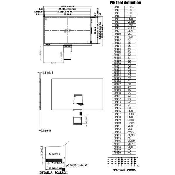 7.0 Tuuman 800X480 RGB 50PIN LCD Turvallisuusnäyttö