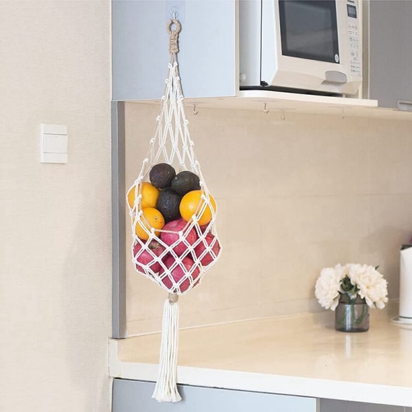 Hängande Macrame Fruktkorg - Boho Korg för Förvaring av Potatis, Lök och Frukt - Boho Väggdekor för Köket