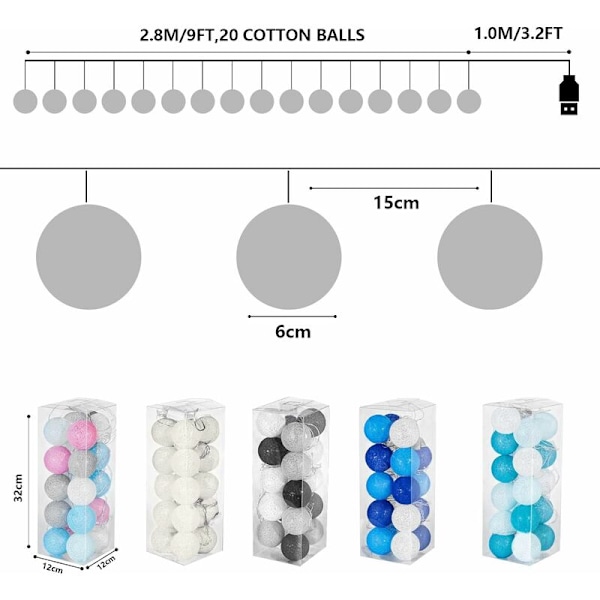 Puuvillapallovaloköynnös, 20 LED USB himmennettävä pallovaloköynnös kaukosäätimellä ja ajastimella, LED sisävaloköynnös lasten makuuhuoneeseen