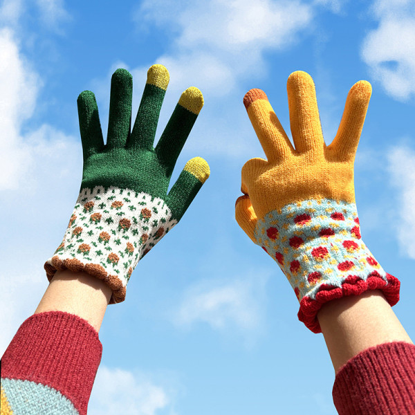 Vinterstickade handskar damhandskar höst och vinter läcker tvåhandsstickade solrosmandarin anka färg förtjockad fleece varma handskar