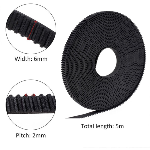 5 Meter GT2 Synkroniseringsrem för 3D-skrivare, Bredd 6 mm, Avstånd 2