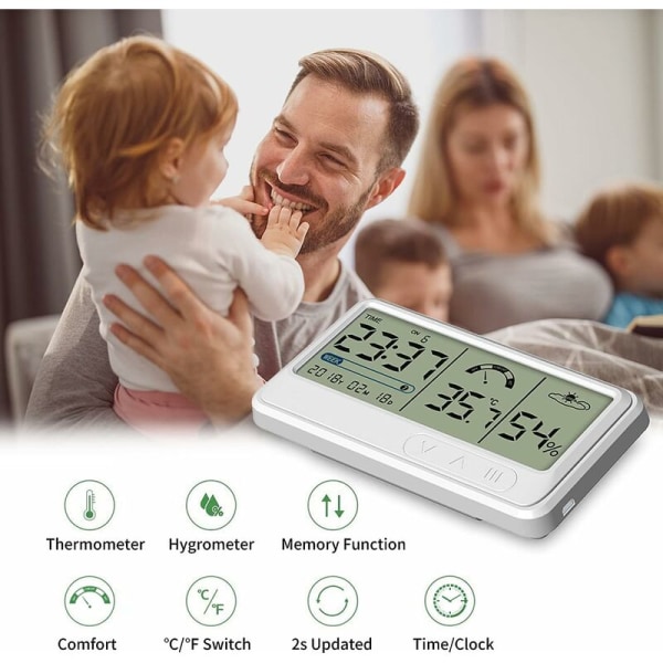 Digitalt hygrometer Elektronisk temperaturfugtighedsmåler med LCD-tid og datovisning Indendørs termometer Hygrometer med stativ til have drivhus