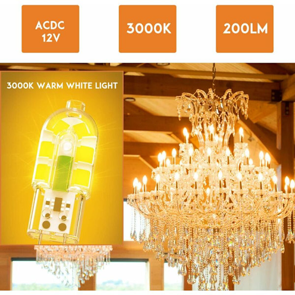 G4 LED-pære, 2W 200LM, tilsvarende 20W G4 halogenpære, varm hvit 3000K, AC/DC 12V, flimmerfri, ikke-dimbar, 10-pakning