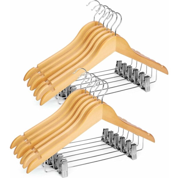 Trähängare med clips 12-pack Premium trähängare för garderob Hållbara hängare av naturligt trä med clips Heavy Duty hängare