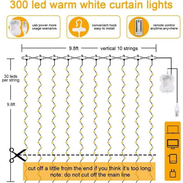 Gardinslynge med lys, 200 LED lysgardin 3m2m, lav spænding 5V, 8 lystilstande vandtæt IP67 udendørs og indendørs, dekoration til jul, bryllup