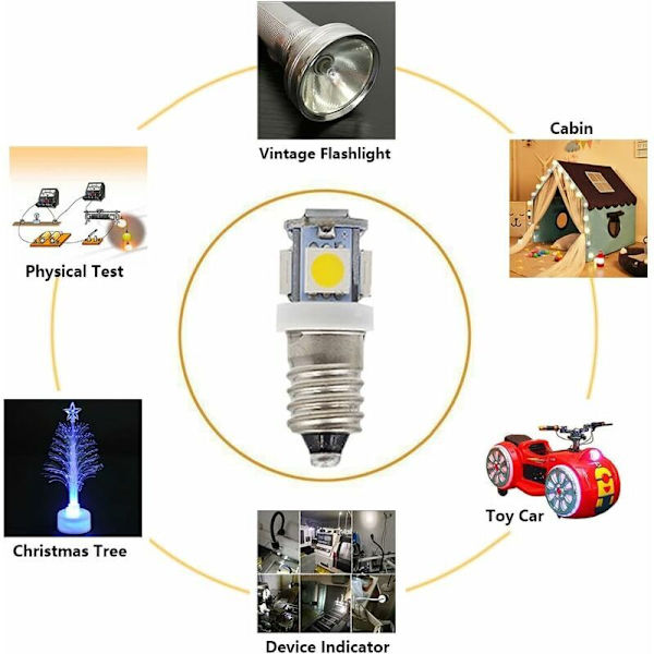 10 stk E10 6V Kald Hvit LED-pærer 5SMD 0.5W 50LM Lampe（Varm Hvit）--