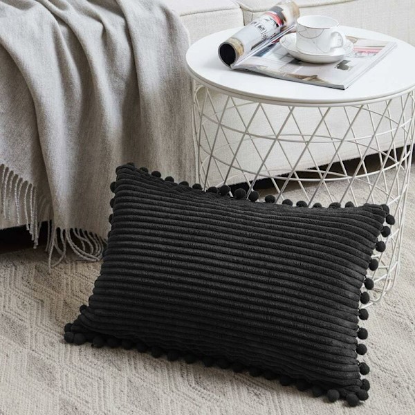 Pakke med 2 dekorative lumbale putetrekk med pomponer, myke fløyelsmyke rektangulære putetrekksett for sofa, stue, soverom, bil