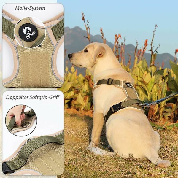 Hundesele - Anti-trekksele for mellomstore hunder - Anti-trekk sikkerhetssele - Hundesele - Taktisk hundesele - Stor hund - Justerbar - Reflekterende - Khaki - M