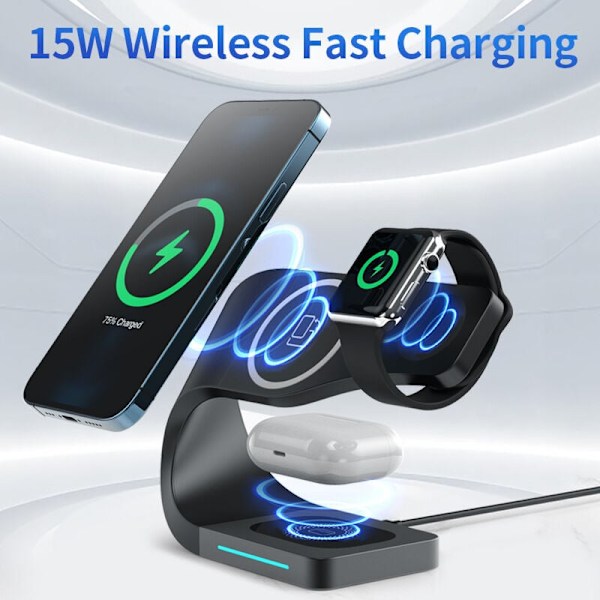 4 i 1 Smart Trådløs Oplader Station til Apple Serie Iphone Watch Airpods, 15W Hurtig Opladningsstativ（Sort）