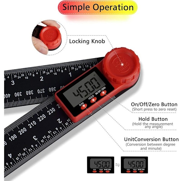 300 mm Digitaalinen Kulmamittari, 2 in 1 Digitaalinen Kulmamittari LCD-näytöllä ja Lukitustoiminnolla Puutyöhön, Kotiin, Käsitöihin