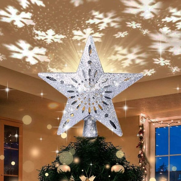 Stjerne juletre, 2 i 1 LED Snowflake projektorlampe, lys opp juletre stjerne for innendørs utendørs juletre topper dekorasjon, sølv S