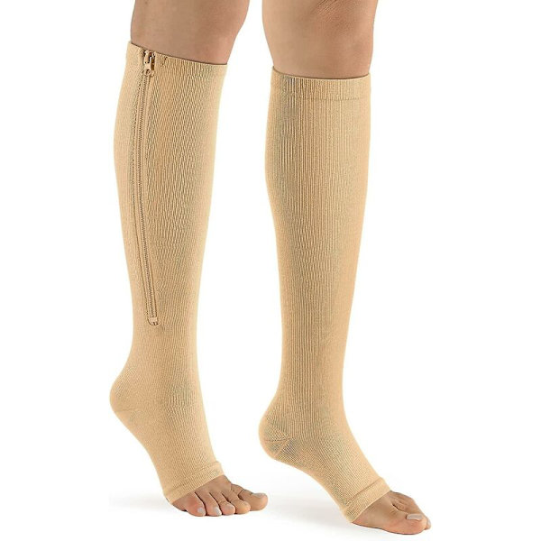 Zip-kompressionssockar - 2 par vad- och knälånga kompressionssockar med öppen tå (b- nude, L - Xl)