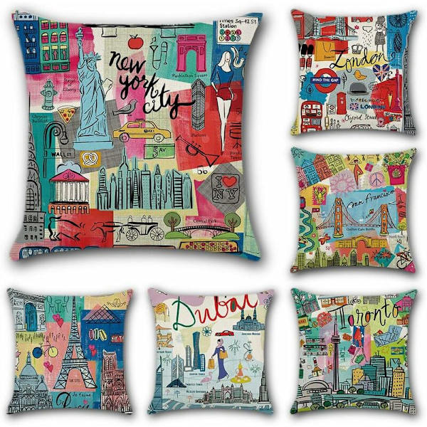 Kuddfodral Vår & Mandala Mönster Kuddeöverdrag för Soffa Hem Vardagsrum Sovrum Heminredning, 45x45cm, Set med 6 stycken (Cartoon City)