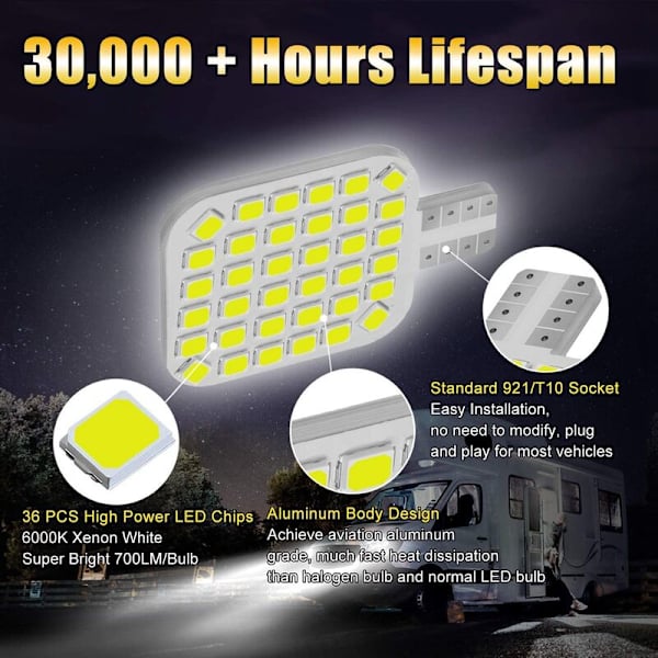20X LED-lampor för interiör, superljusa 36-SMD 6000K vita T10 922 912 194 lampor för husbil, släpvagn, båt