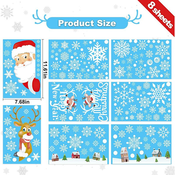 8 Juldekaler Jul Fönsterdekaler Dekoration, Snöflinga Rensa Dekaler Tomte Återanvändbara Statiska DIY-dekaler för Jul