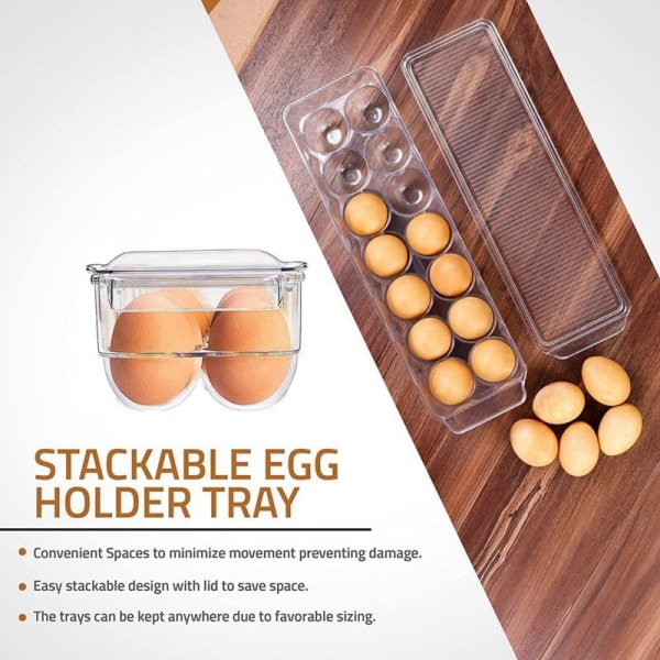 Egg Box 14 Egg Box med lokk og håndtak, Egg Holder for Kjøleskap, Egg Oppbevaring og Eggbrett (Klar, 2 Pakk)