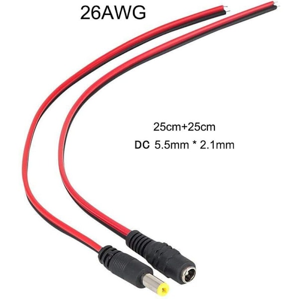 10 Par 12V DC Ström 5.5x2.1mm Pigtail Hane Hona, DC Ström Pigtail, Kabelkontakt Tråd för CCTV Säkerhet