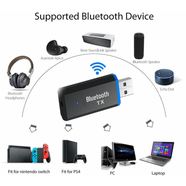 Bluetooth Sender til TV, Trådløs Bluetooth 5.0 Audio Adapter Sender 3,5 mm Trådløs Adapter til Hovedtelefoner PC TV Laptop og mere