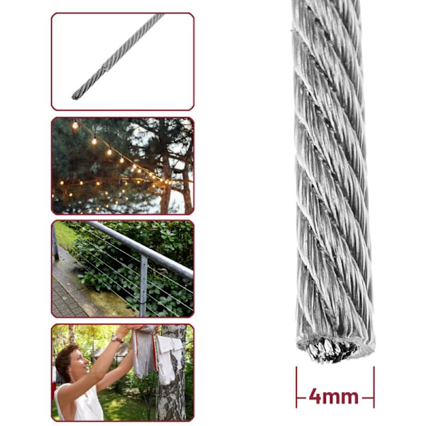 25m spole med 7x19 4mm klar plastbelagt rustfritt stålvaier