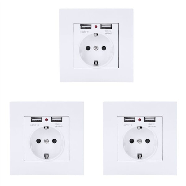 3X PC Panel Veggmontert Strømuttak Standard Strøm 16AUE Jordforbindelse med Dobbel USB-Laderport 2100Ma Mobil