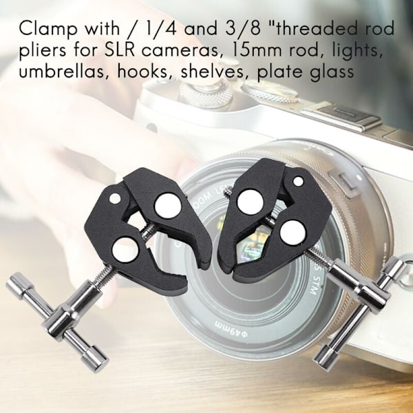 2-pack klämmor för fotografi/1/4 och 3/8 tums klämmor för Dslr-borrmaskiner, 15 mm stänger, lampor, paraplyer, krokar, platt glas