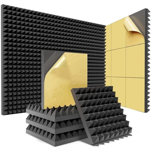 12-pack Pyramid Ljudisoleringsskumplattor med klistermärken, 12x12x2 tum Högdensitetsskumplattor (Svart)