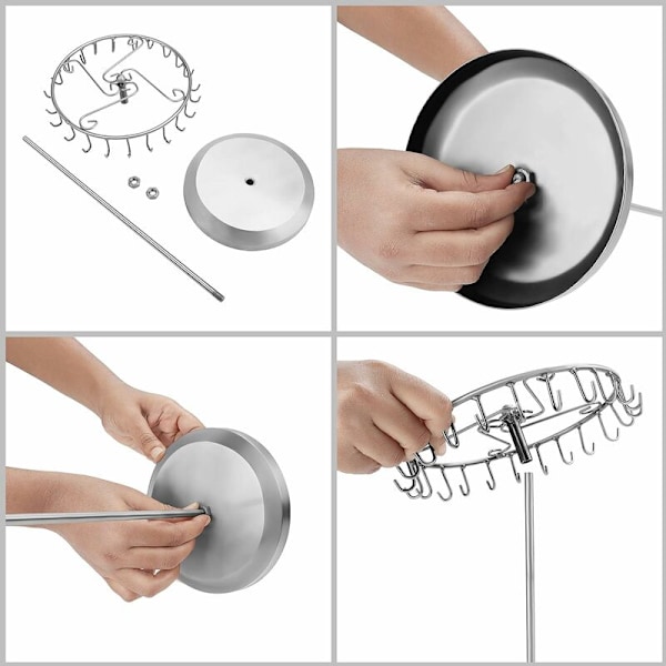 Roterande smyckeshållare i silvermetall (23 krokar) - H34,8 x B20,5 cm - Smyckesdisplaytorn - Hållare för halsband, armband, ringar och örhängen