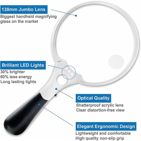 Stort forstørrelsesglas med LED-lys - 2X 4X 25X forstørrelseslinser - Bedste kæmpeforstørrelsesglas med lys til læsning, udforskning, inspektion,
