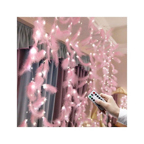 Fjäderljussträngar, LED-dekorativa lampor, USB-fjärrkontroll Romantisk vägghängande gardin Dekoration Varmvit Rosa Fjäder 3x2m