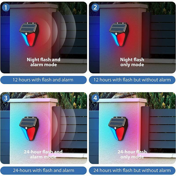 Solcellsstrobe-larm med rörelsesensor 129dB ljudsäkerhetssiren IP65 vattentät och 4 röda blå ljuslägen för lägergård ladugård gård villa, 1st