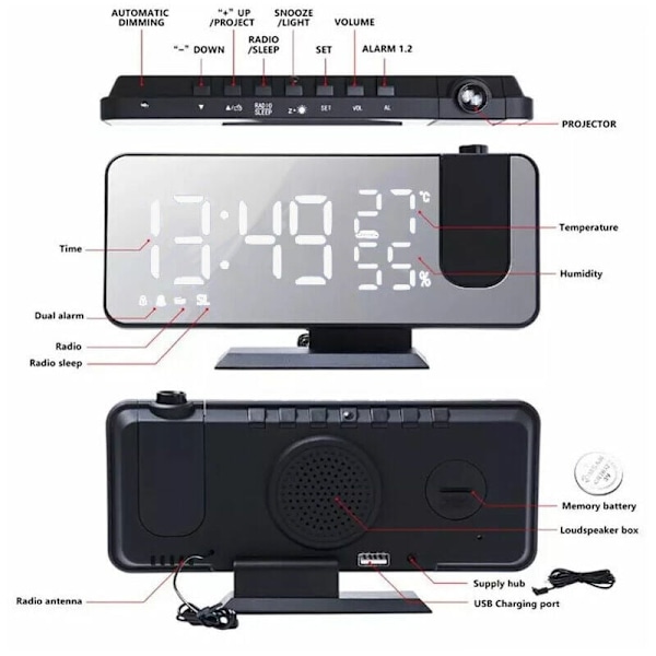 Projektionsväckarklocka, digital väckarklocka med projektion, radioklocka med USB-anslutning, stor LED-skärm, dubbla larm med snooze, ljusstark projektion