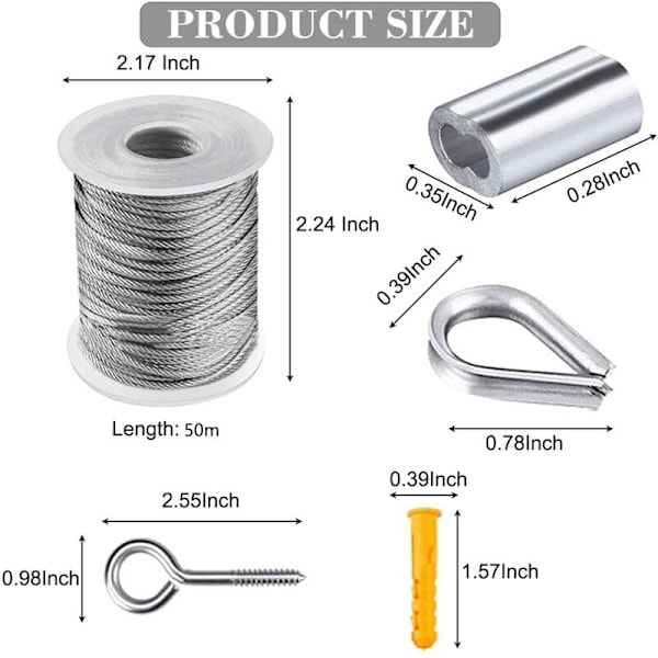 50m Wire Tau Kit, Hage Spenningsanordning Stålvaier, Rustfritt Stål Hengetau Kit, Nylonbelagt Rustfritt Stålvaier for Tøyline Teltau, 56