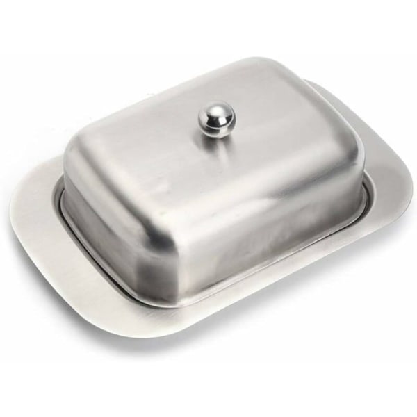 Smørboks i rustfritt stål, smørboks i metall med lokk, smørklokke smørboks smørkjøler smørboks sølv, 12,2 x 18,5 x 6,8 cm-