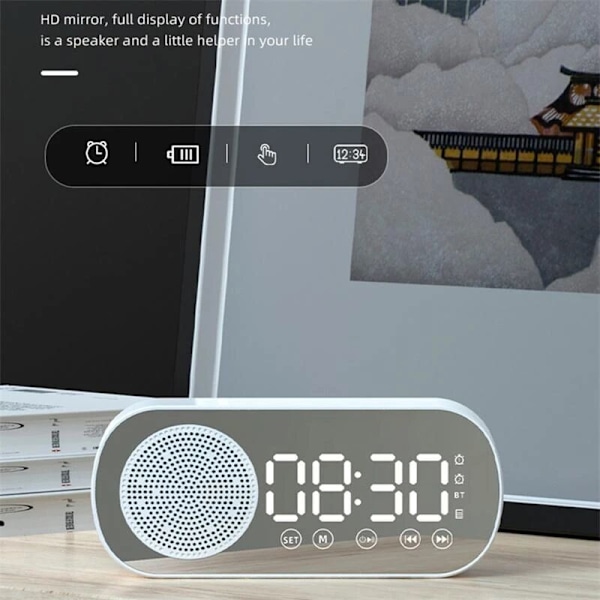 Langaton LED-digitaalinen herätyskello, Bluetooth-yhteensopiva kaiutin, FM-radio, suuri näyttö, akku, makuuhuone, olohuone, toimisto (valkoinen)