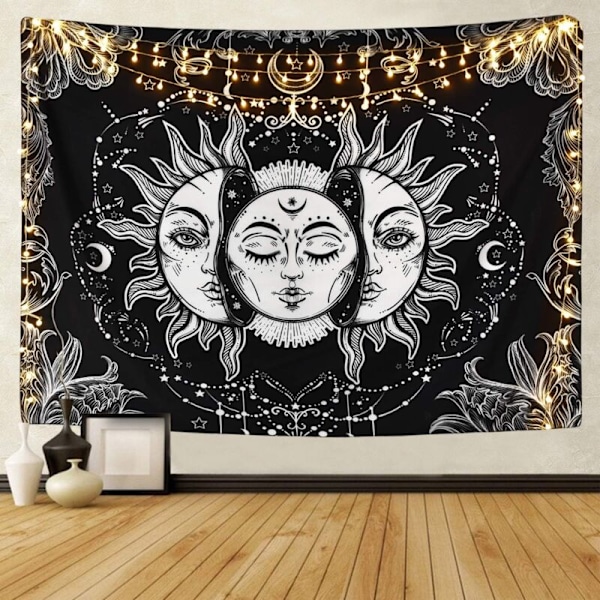Psykedelisk Sol og Måne Gobelin Sort og Hvid Gobelin Soveværelse Studio Dekoration (Sort, 148 x 200 cm)
