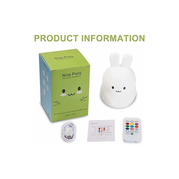Baby Natlampe, LED Kanin Lampe, Børnenatlampe med Fjernbetjening, Silikon Natlampe Dæmpbar Berøringslampe Ved Sengen, 9 Farver Variabel, USB Ni