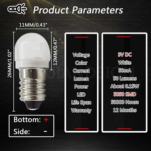 4 st 3V 0,2W E10 LED-lampa 5050 1SMD Vit 3000K LED-ersättningslampa Uppgradering för strålkastare Ficklampor Fackellampor