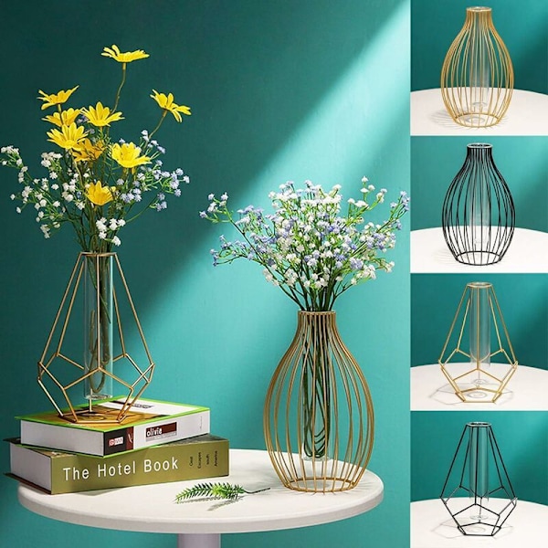 Vas i metallram, lyktaformad glasprovrörsvas, blomvas för hydroponiska växter, solida terrarium, liten knoppvas för kontor och hem, lykta Bot