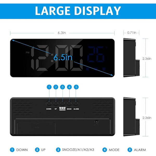 Digital väckarklocka, smart morgonväckarklocka med 3 larm och snooze-funktion, sängbordsklocka med LED-display som visar tid och temperatur
