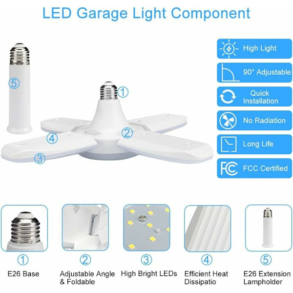 2-pak LED-garagelys, 60W E27 6000K Deformerbar værkstedslampe med 4 justerbare paneler LED-loftslampe til garage, værksted, lager, kælder,