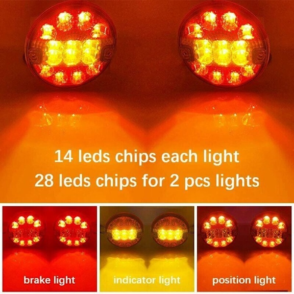 2 stk. 12/24v LED anhænger baglygte rund belysning Hamburg til lastbil campingvogn (rød og rav, rund)