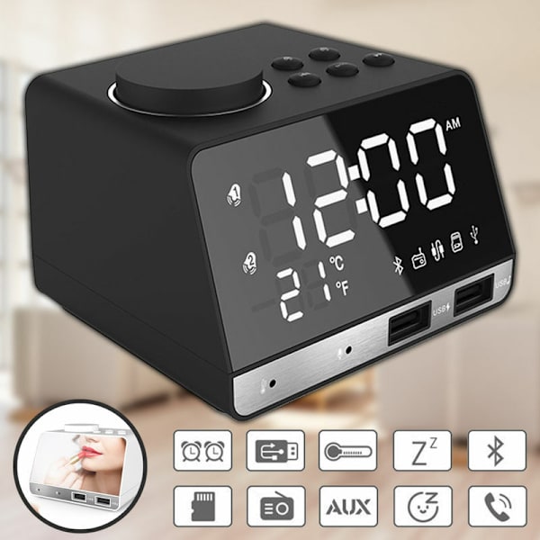 LED Dubbel Alarmklocka Spegel Klockradio Högtalare för Badrum Bas Trådlös Bluetooth + USB-port + FM Svart Svart