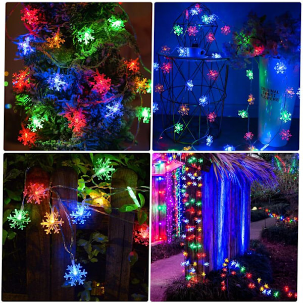 Solcelle-lysstreng for utendørs, 30 LED 6,5m Vanntette Lys Dekorasjon Snøfnugg Juledekorasjon for Soverom Hage Patio (Farge)